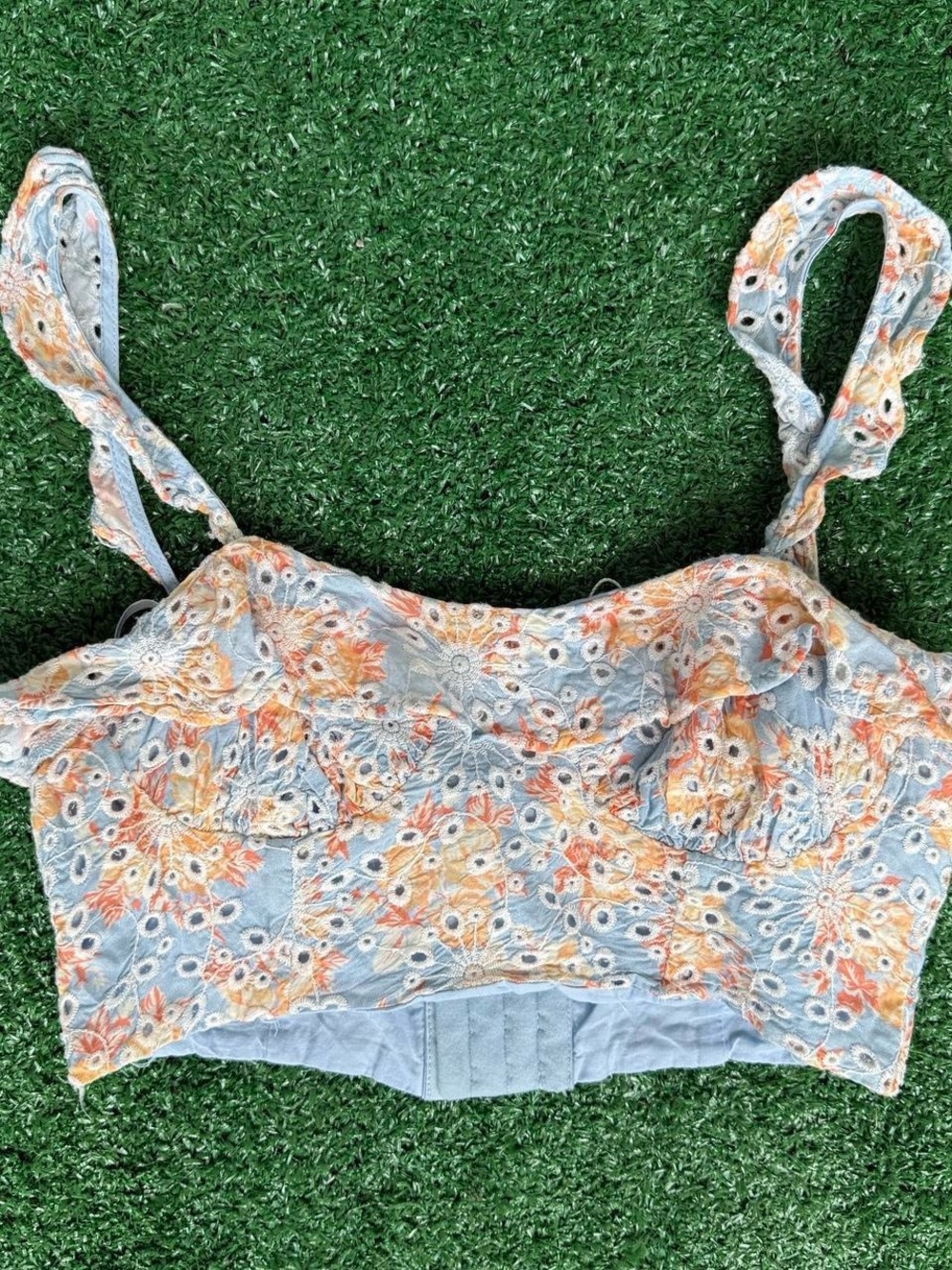 Lovers + Friends Light Blue Eyelet Floral Crop Tank with Orange Accents